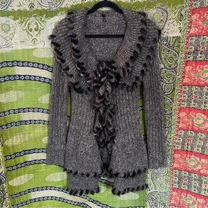 Y2K Lapis x Anthropologie Brown Tiered Faux Fur Ribbed Fairy Cardigan Size Large